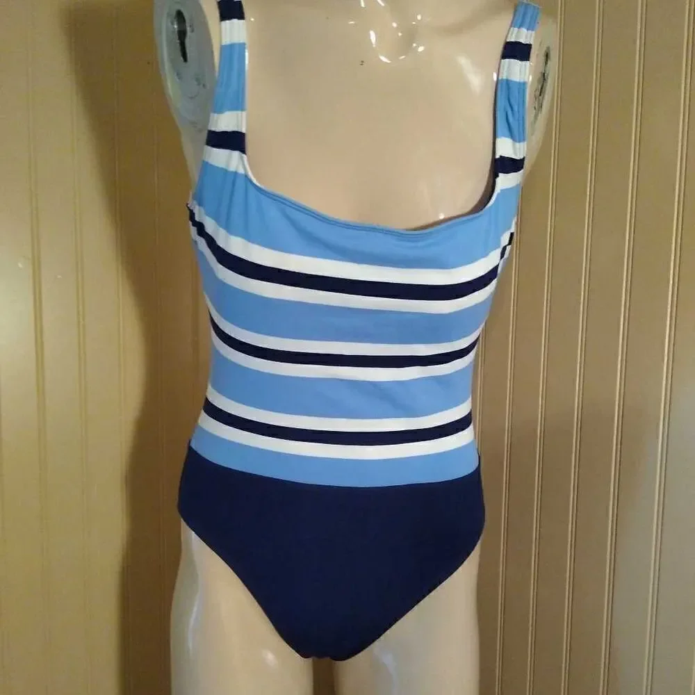 La Blanca By Rod Beattie Womens One Piece Swimsuit Blue White Stripe Stretch 8